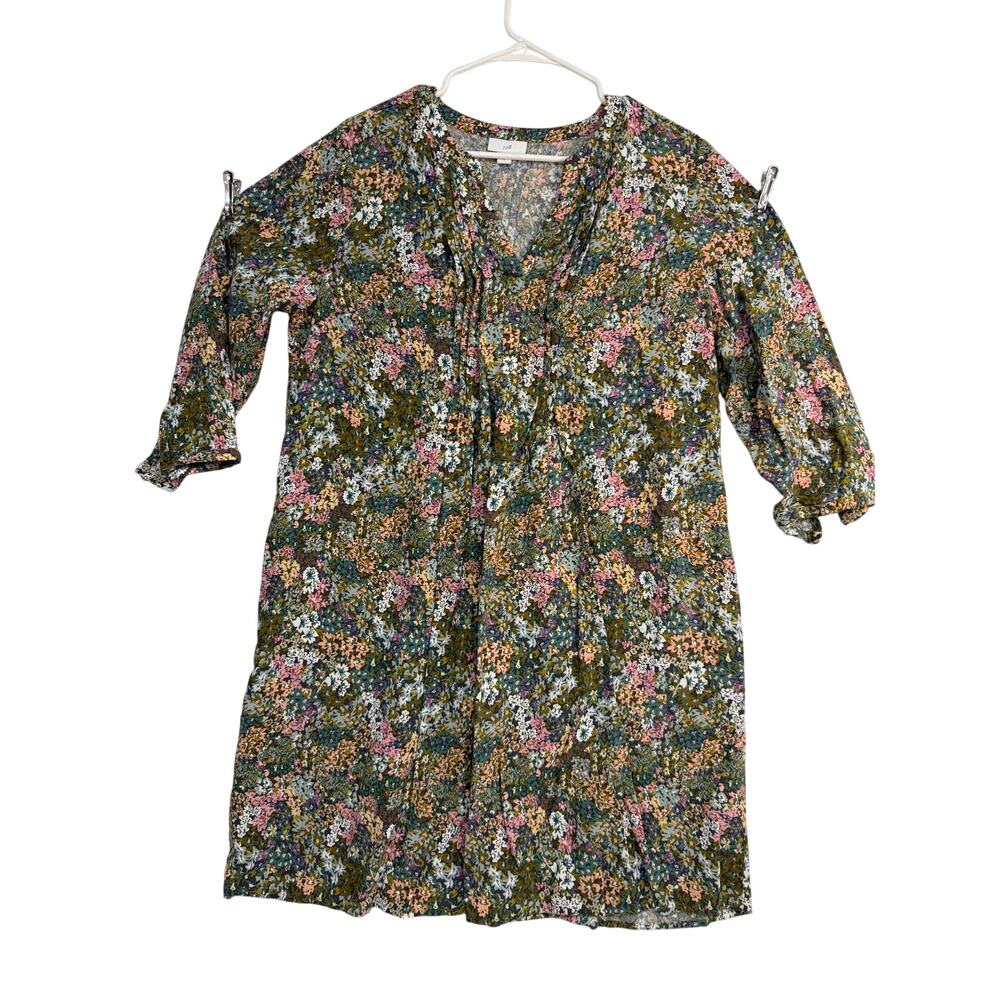 J.Jill Floral Tunic Blouse Med 100% Rayon Boho Botanical Long Sleeve Multicolor